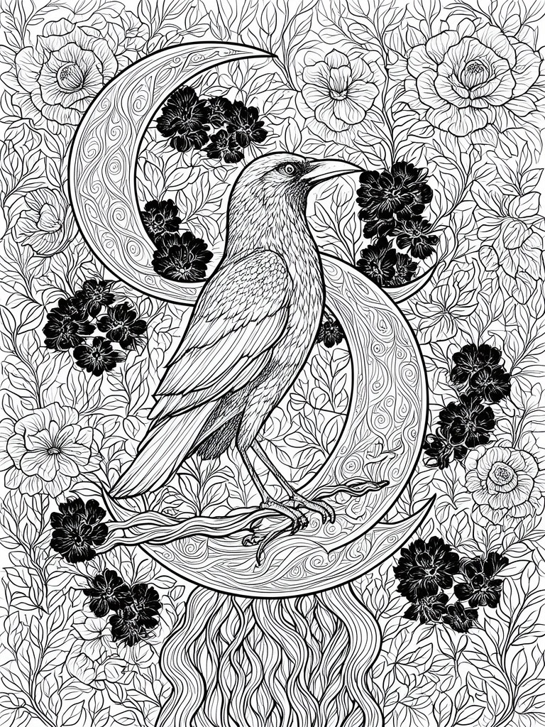 Intricate line art of a raven perched on an ornate crescent moon amid flowers