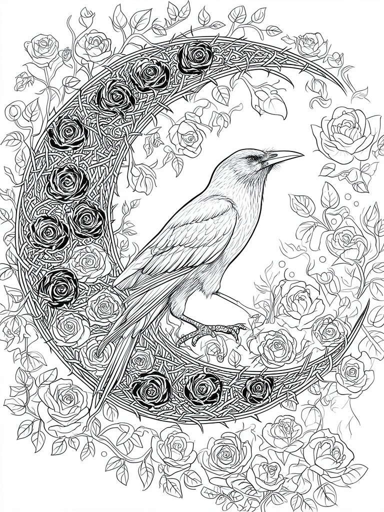 Intricate black-and-white line art of a raven on a rose-entwined crescent moon.