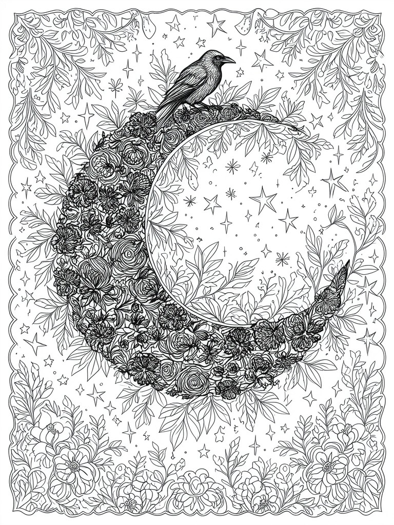 Detailed black-and-white line art of floral crescent moon with perched bird and stars