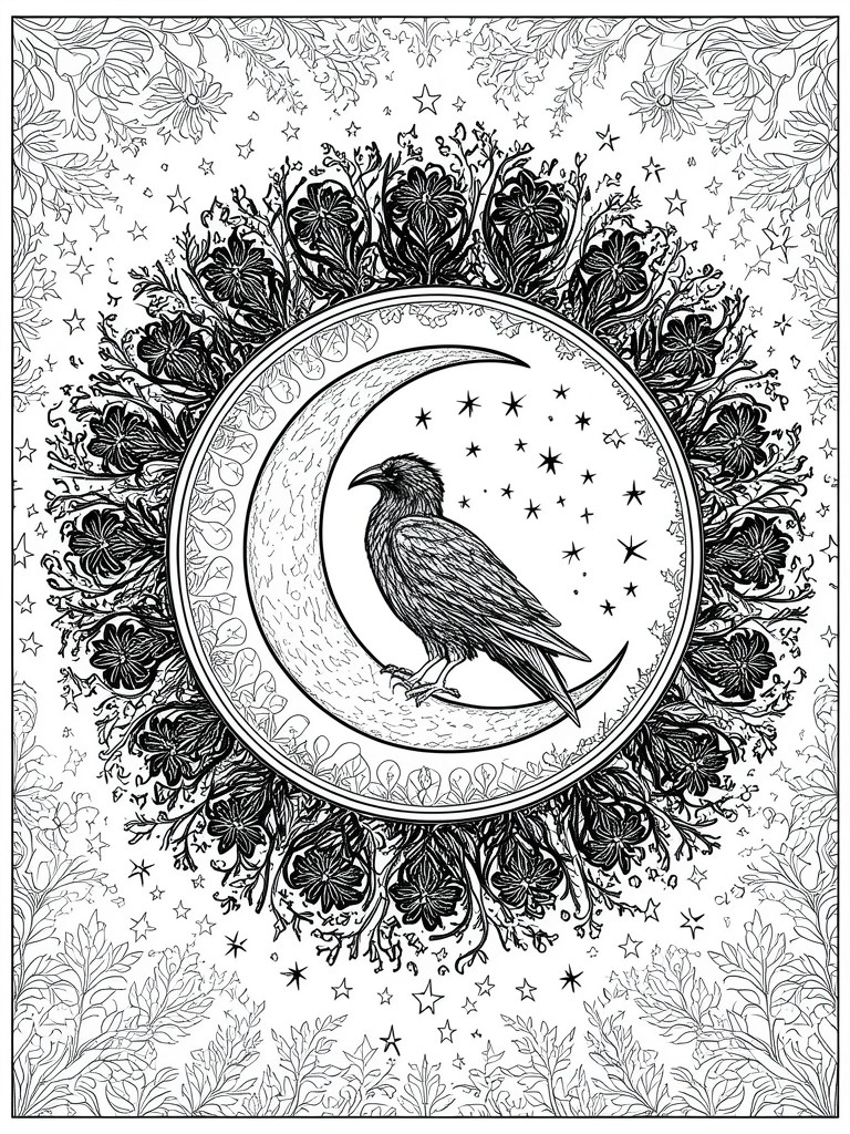 Intricate black-and-white mandala of raven perched on crescent moon amid stars and florals