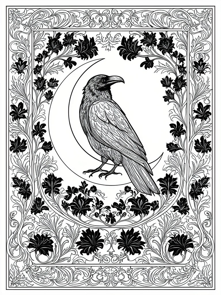 Ornate black-and-white line drawing of a raven perched on a crescent moon amid floral vines.