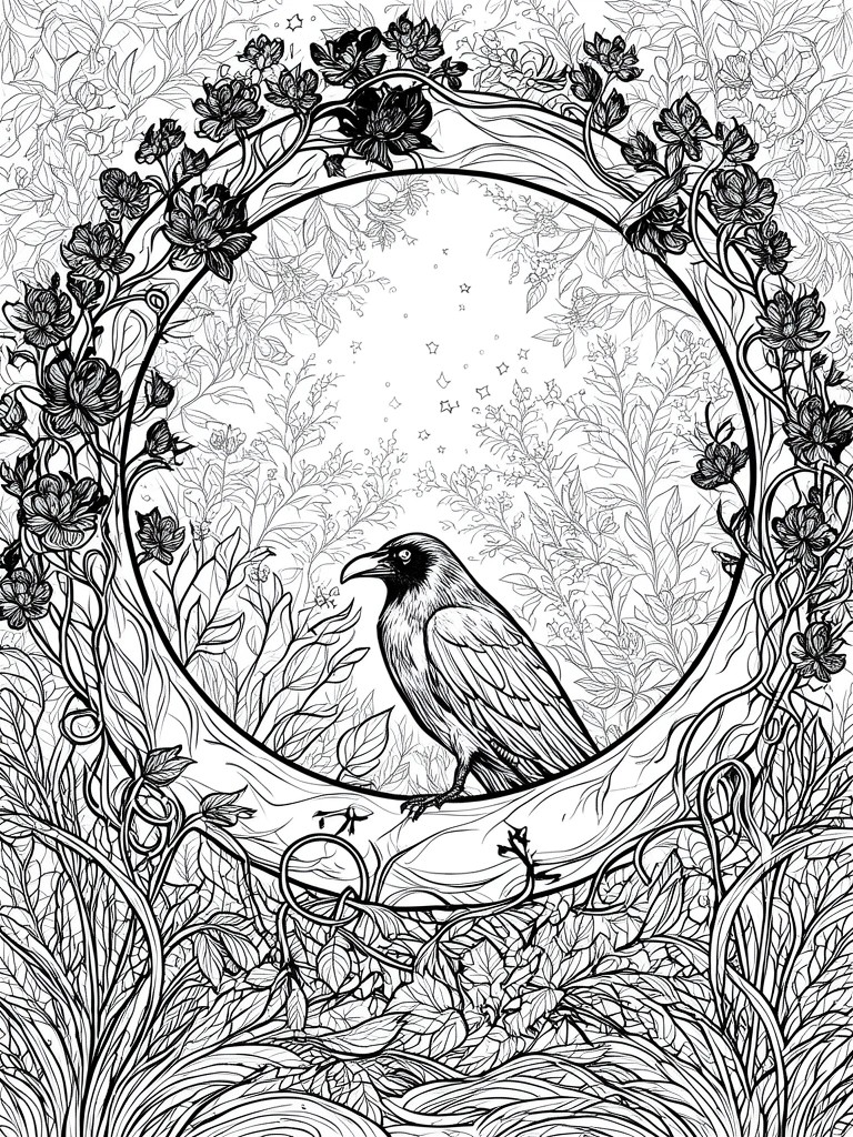 A black and white coloring page of a raven on a crescent moon inside a ring of floral vines and stars.
