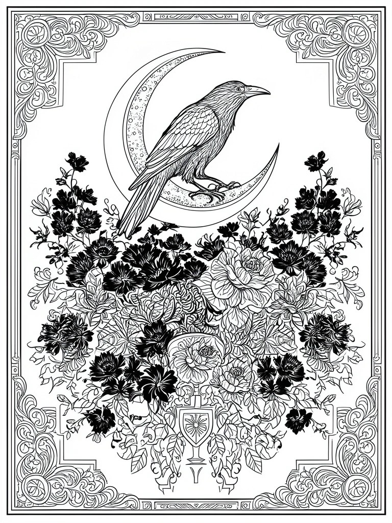 Black and white line art of raven on crescent moon amid flowers with ornate border.