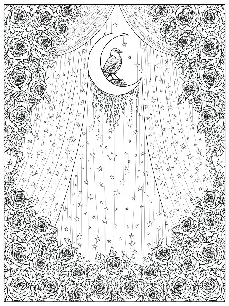 A coloring page with a raven perched on a crescent moon, framed by roses on the sides and bottom, and filled with stars and vertical lines.