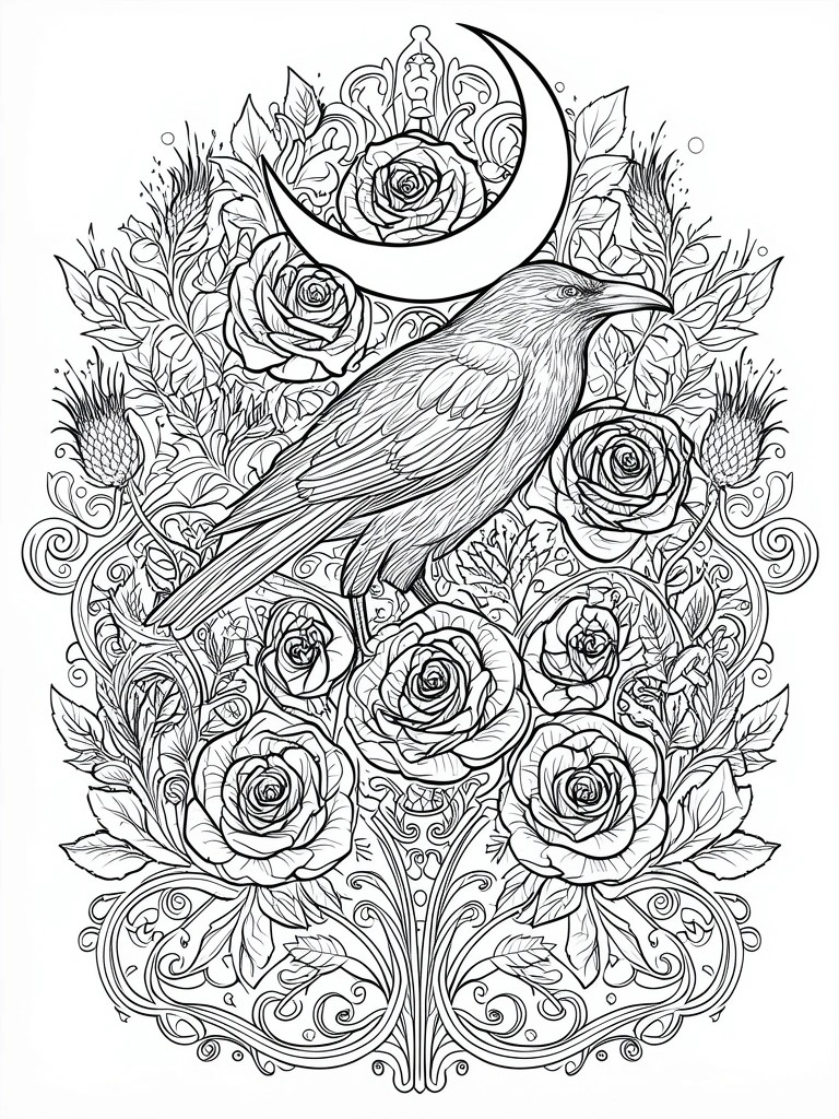 Intricate black-and-white line art of a raven amid roses and a crescent moon