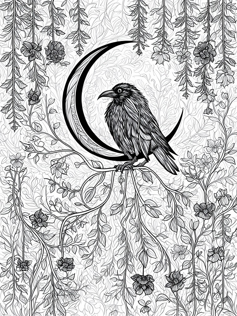 A black and white coloring page of a raven on a branch with a crescent moon behind it and flowers with hanging vines filling the background.