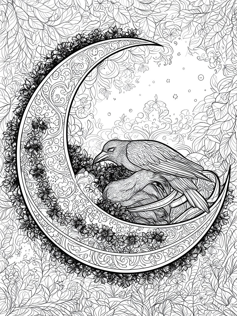 A black and white coloring page of a raven perched on a crescent moon with floral patterns and stars around it.