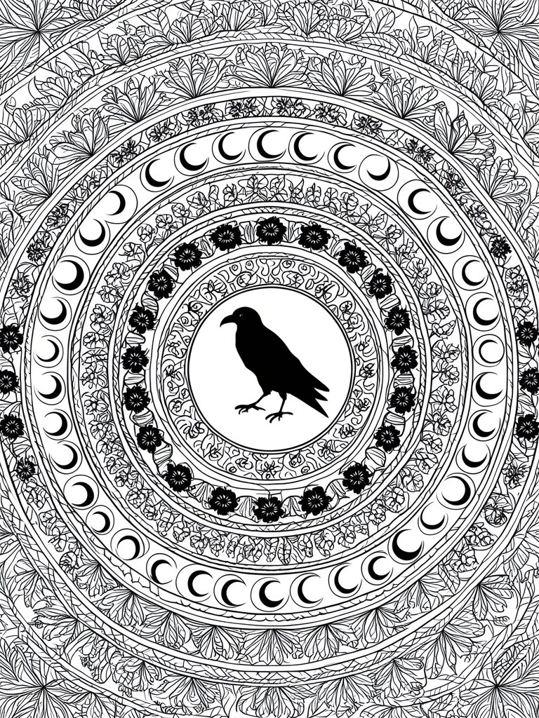 Central black raven in mandala with crescent moons and floral patterns
