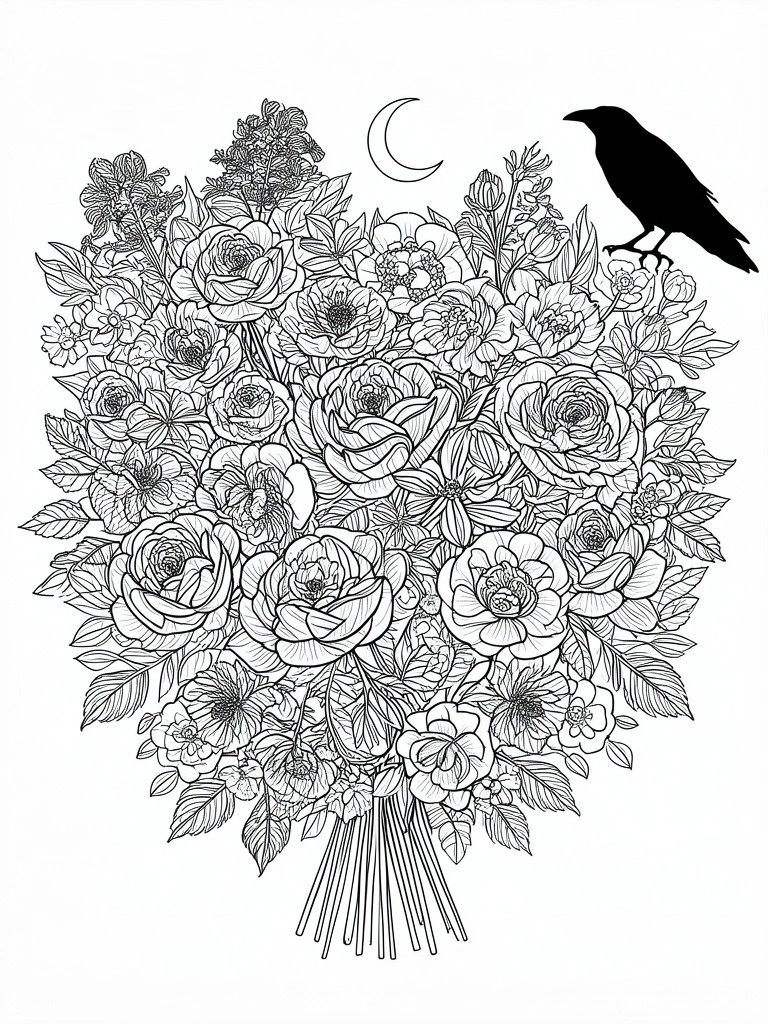 A black and white line drawing shows a large bouquet of flowers with a raven silhouette and crescent moon above it.