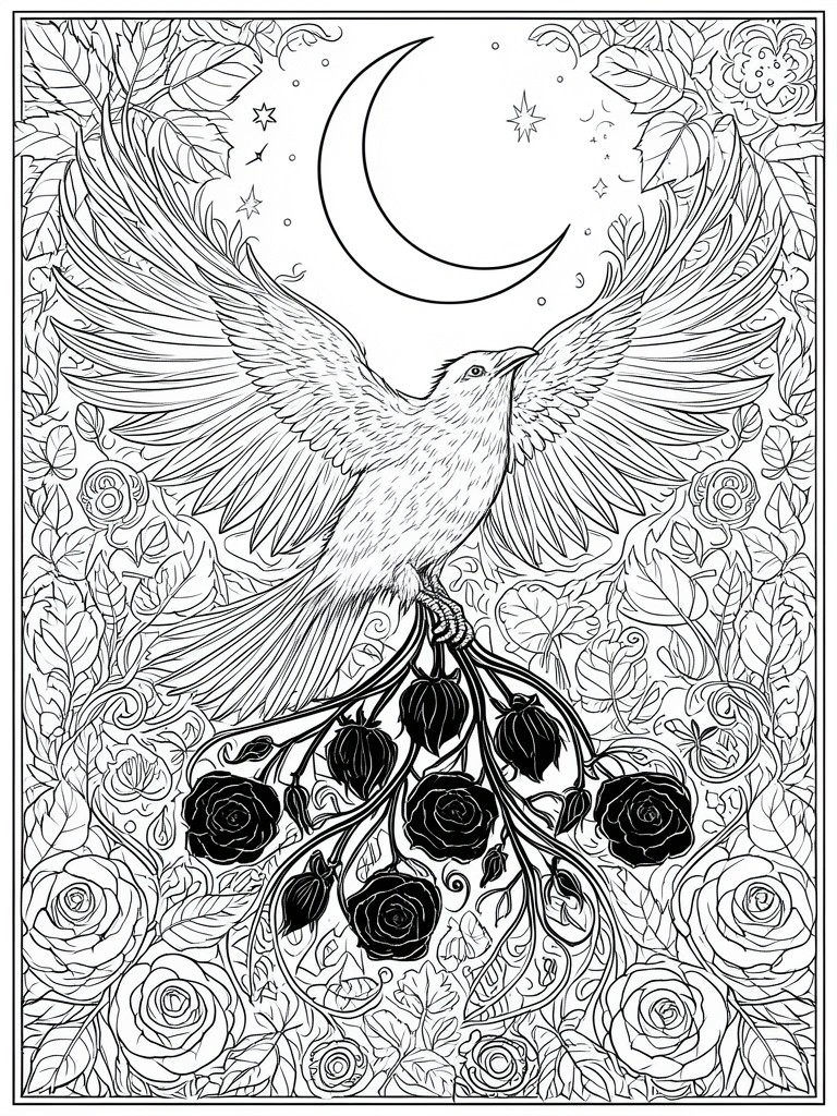 A detailed coloring page shows a raven with outstretched wings under a crescent moon, with roses and leaves filling the background.