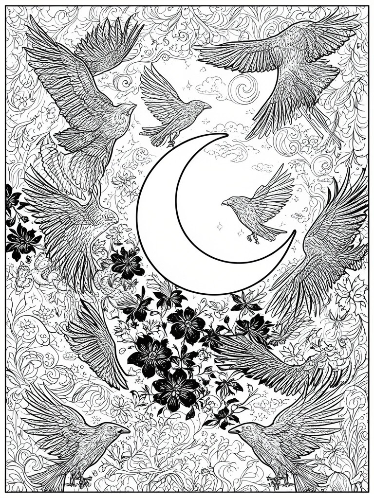 A black and white coloring page with multiple ravens arranged around a crescent moon and surrounded by flowers and decorative swirls.