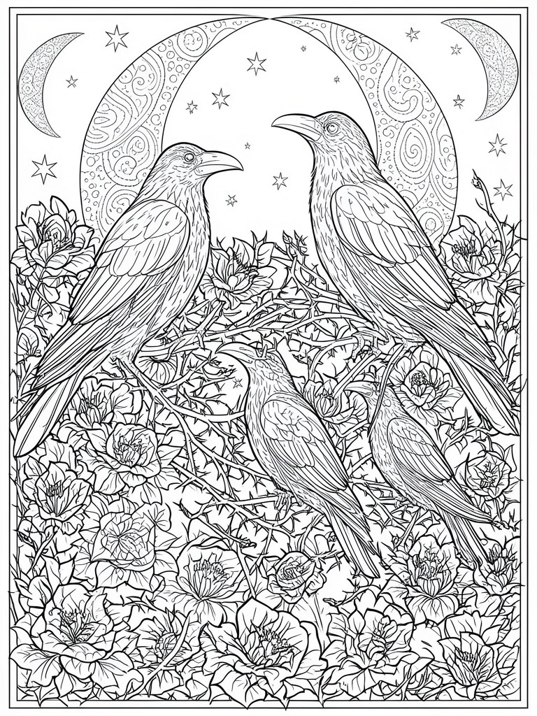 A coloring page featuring four ravens perched among flowers with large crescent moons and stars in the background.