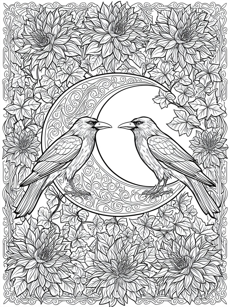 Two ravens facing each other on ornate crescent moon amid flowers and leaves
