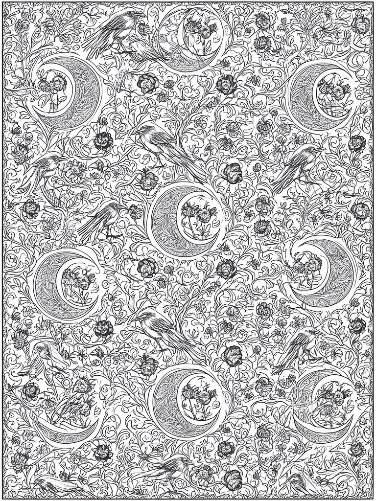 A black and white coloring page filled with ravens, flowers, vines, and crescent moons containing floral designs.