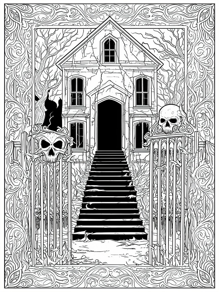 Black and white illustration of haunted house with skull gates and staircase to dark door.