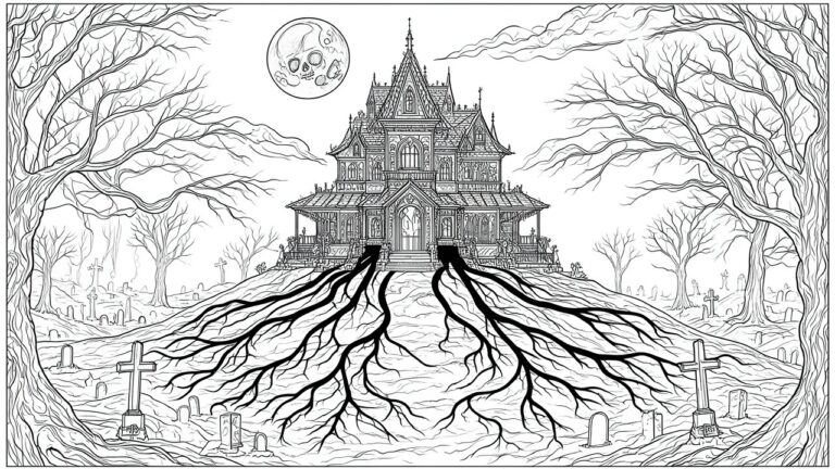 23 Creepy Horror Coloring Pages Using Haunted Houses, Skulls, and Shadows Haunted Victorian mansion atop root-covered hill under skull moon with graveyard and bare trees