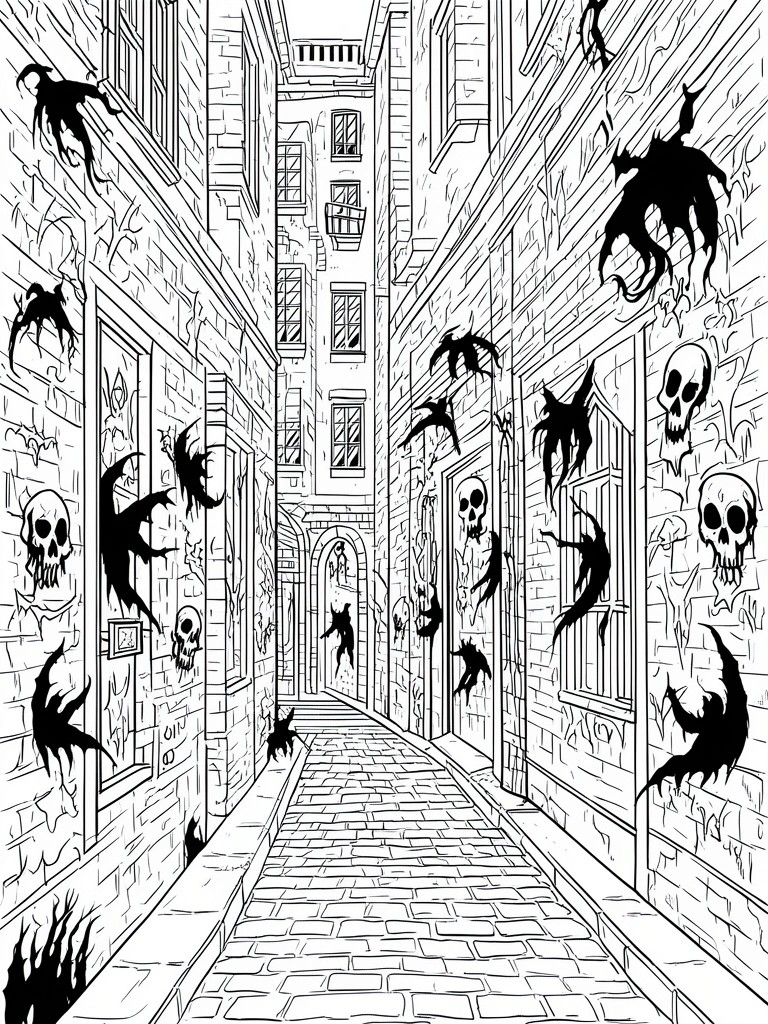 Black and white horror illustration of demons and skulls in a narrow brick alley.