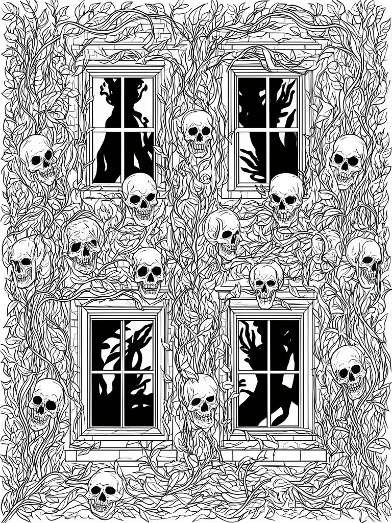Black and white illustration of skulls amid vines covering a multi-windowed brick building.