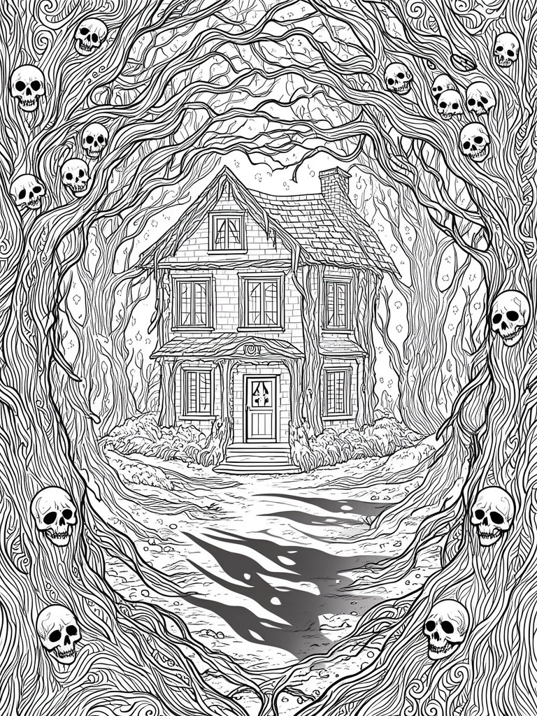 Haunted house framed by twisted branches and skulls in detailed line art