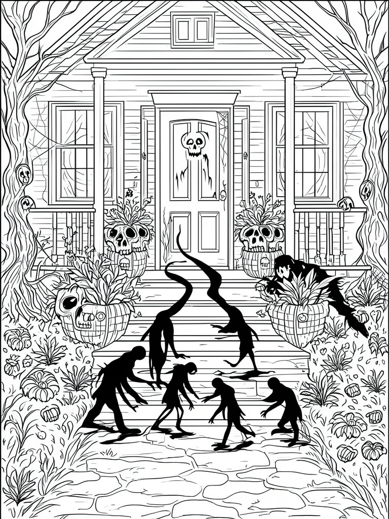 A black and white coloring page showing a haunted house porch with skull pumpkins, shadowy figures on the steps, and more silhouettes on a stone path.
