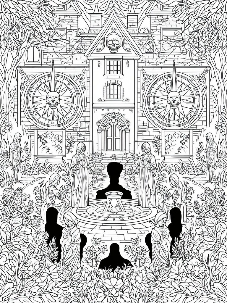 Black-and-white line art of gothic mansion with skull sundials and robed figures around fountain