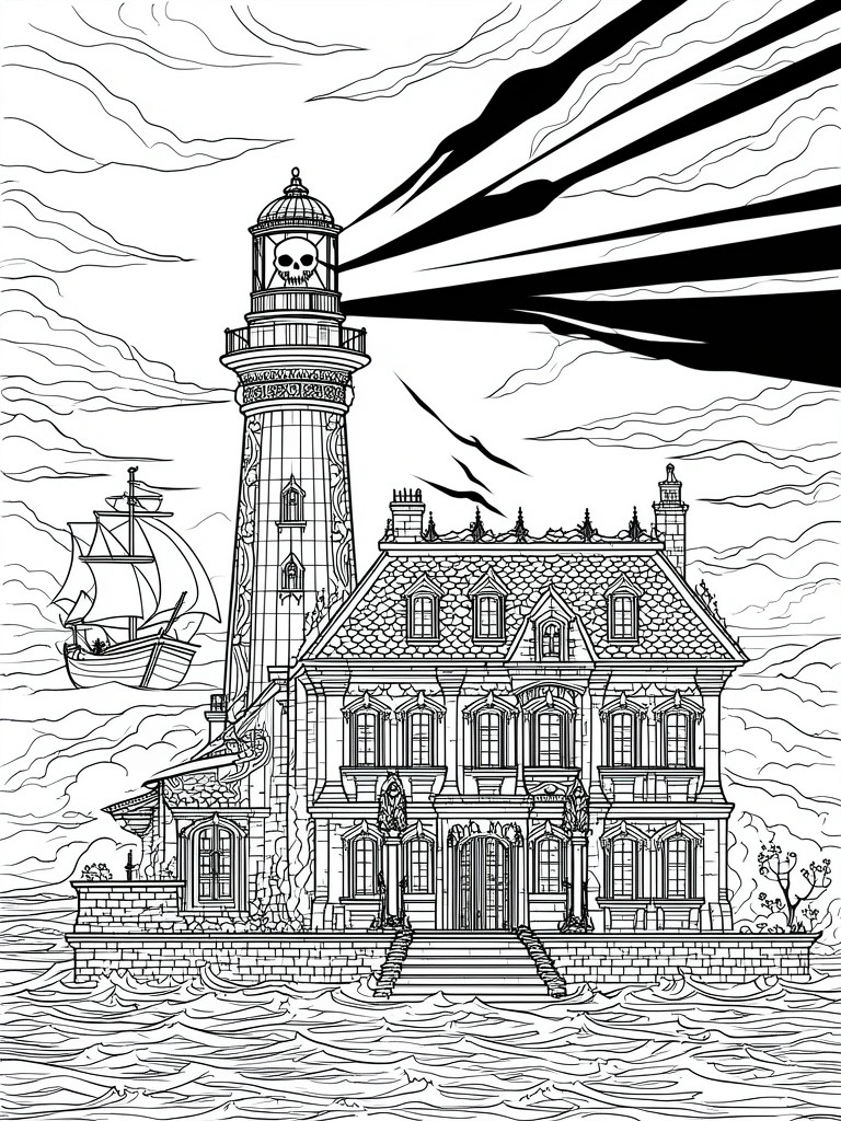 A black and white line drawing of a skull-topped lighthouse emitting thick light beams, attached to a gothic mansion on a stone island with a ship and stormy clouds.