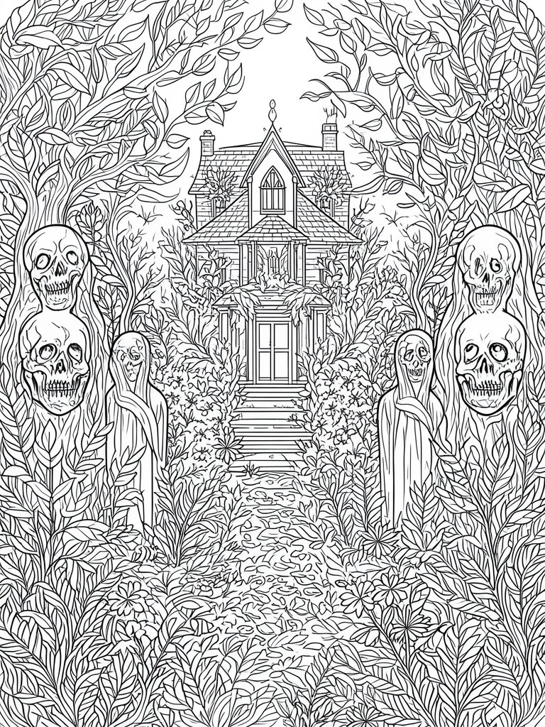 Black and white line art of haunted house with skulls, ghosts, and forest path.