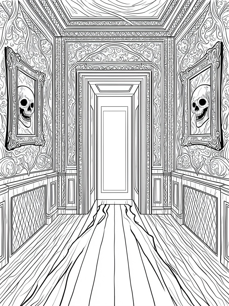 Ornate black-and-white hallway with framed skulls, patterned walls, and wooden floor