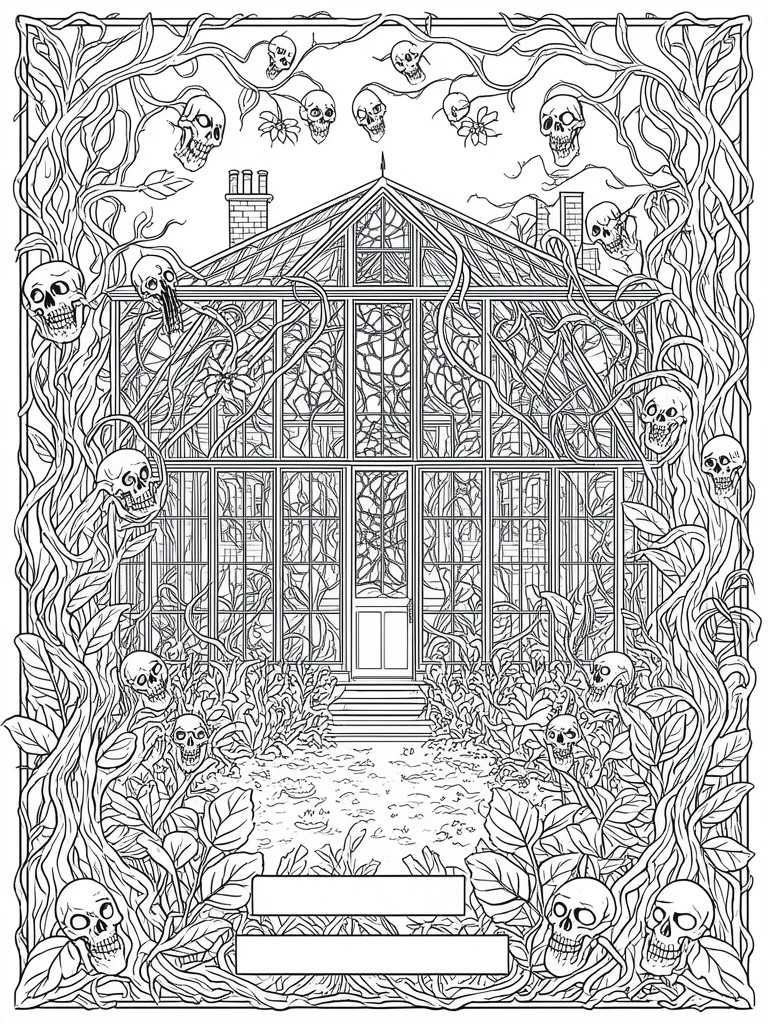 Spooky vine-covered greenhouse surrounded by skulls in black-and-white line art
