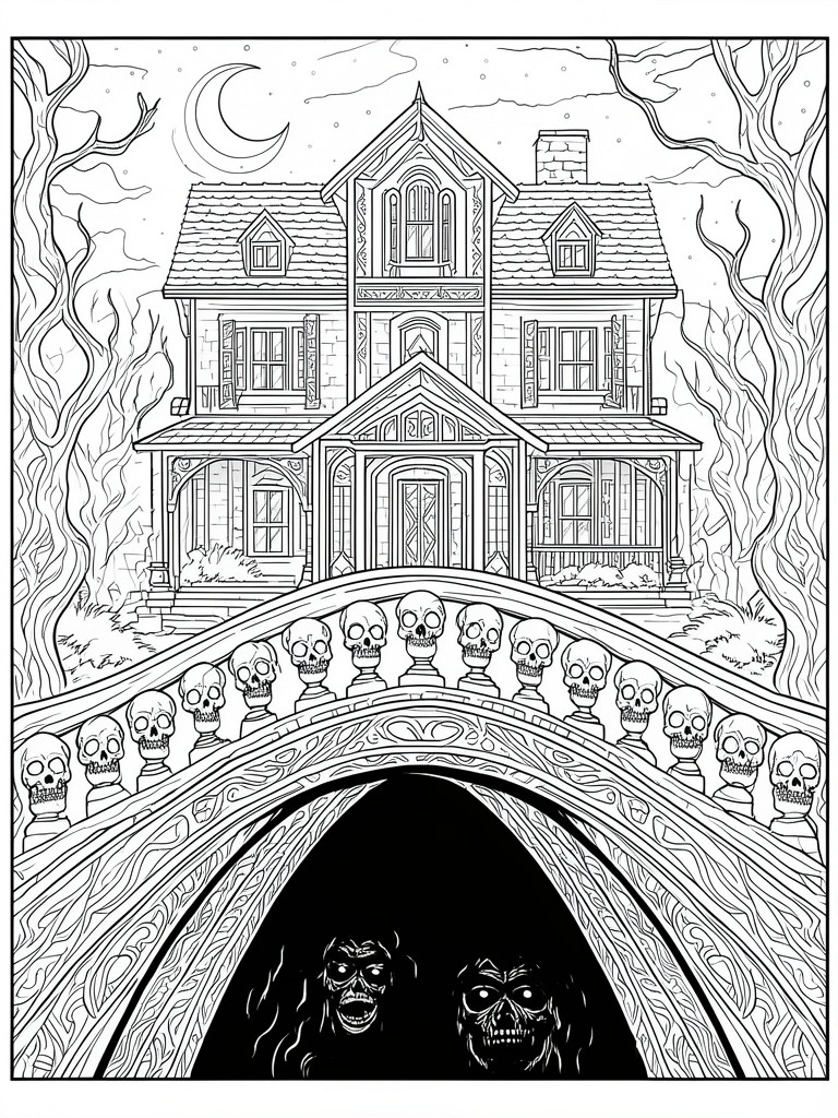 Black and white line art of a haunted house behind an arched bridge lined with skulls and two monster faces visible underneath.