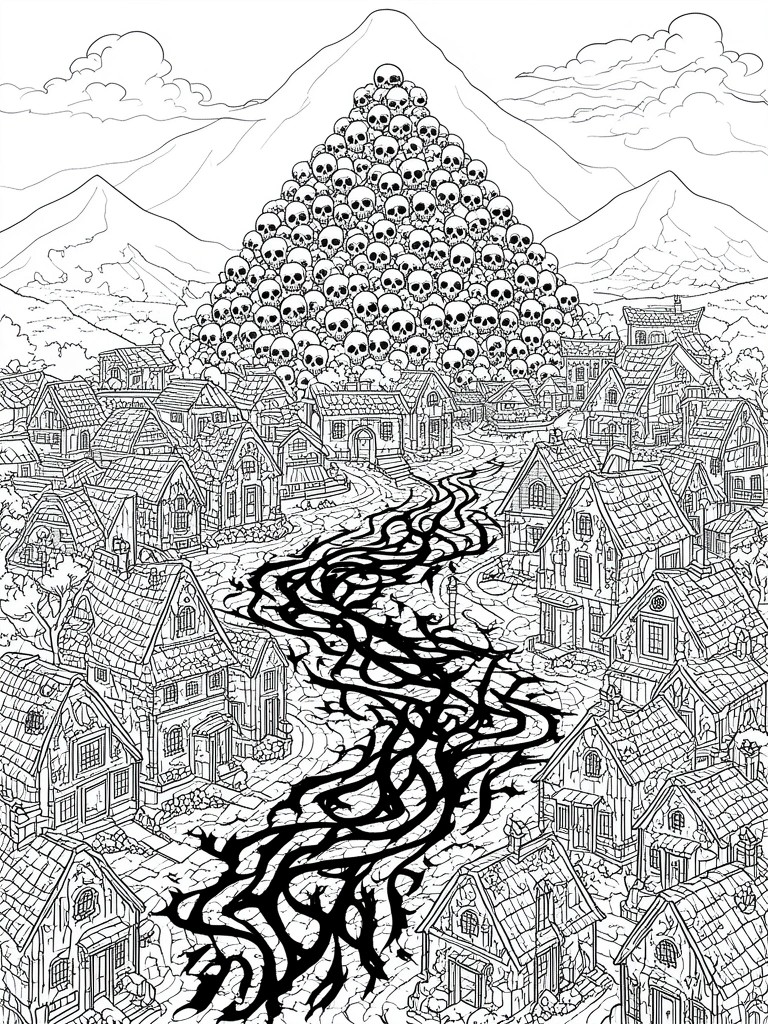 Coloring book illustration of fantasy village with skull pyramid and dark winding path