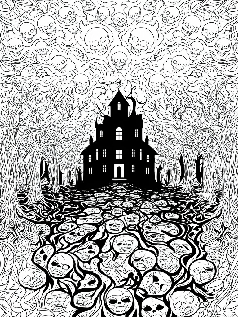 Silhouetted haunted mansion amid twisted trees and skull-covered ground in black and white line art.