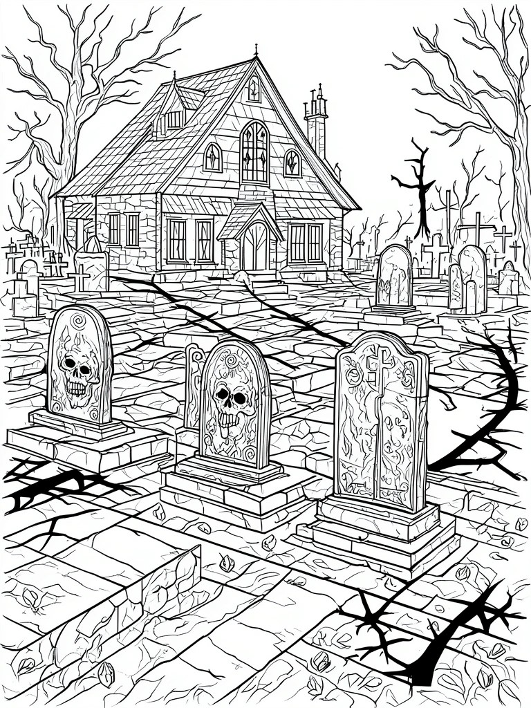 Black-and-white line art of a haunted house amid skull tombstones and bare trees in a graveyard.
