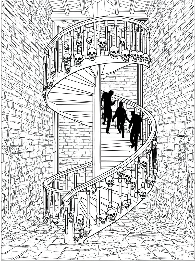 A black and white line drawing of a spiral staircase inside a brick tower with skulls along the railings and silhouetted figures on the steps.
