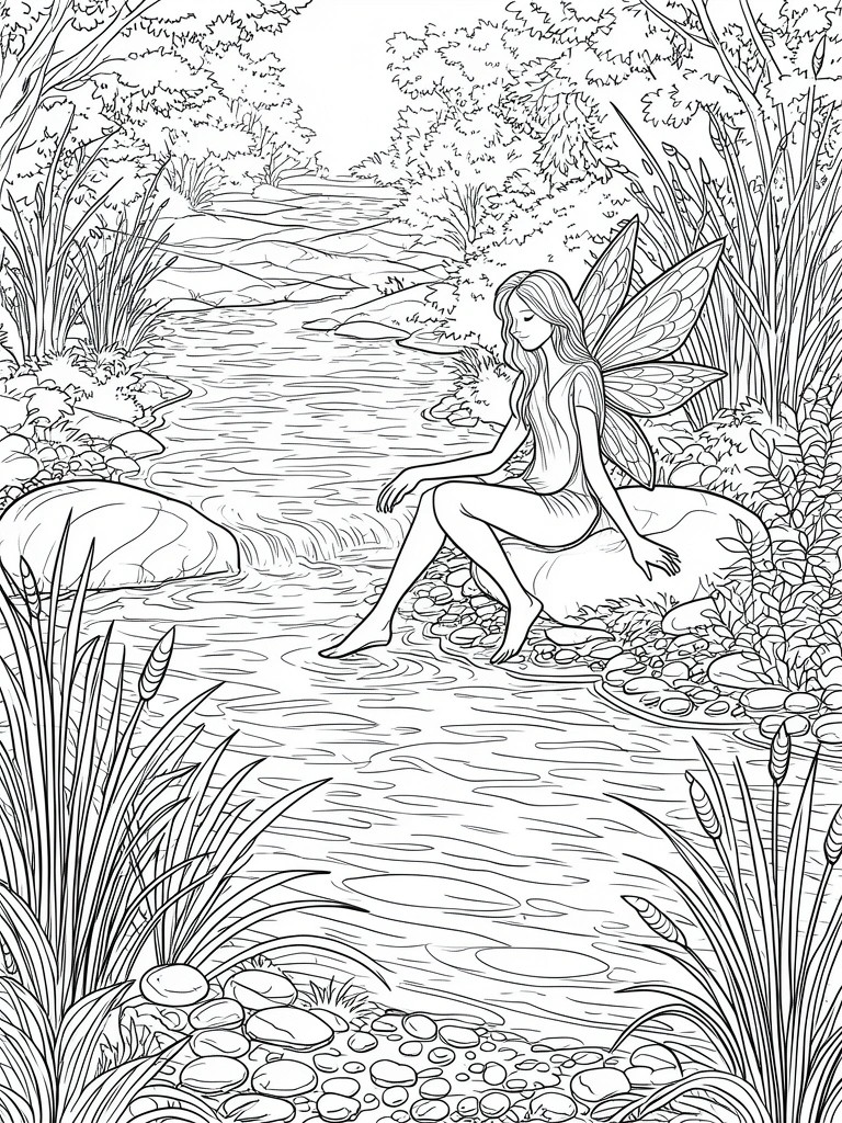 A black and white line drawing of a fairy with long hair and wings sitting on a rock by a forest stream, surrounded by trees and plants.