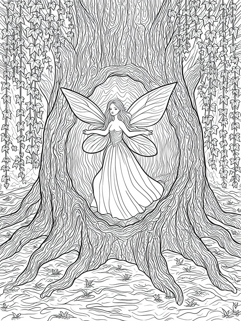 A line drawing of a fairy with large wings standing in the hollow of a large tree with roots and ivy vines.