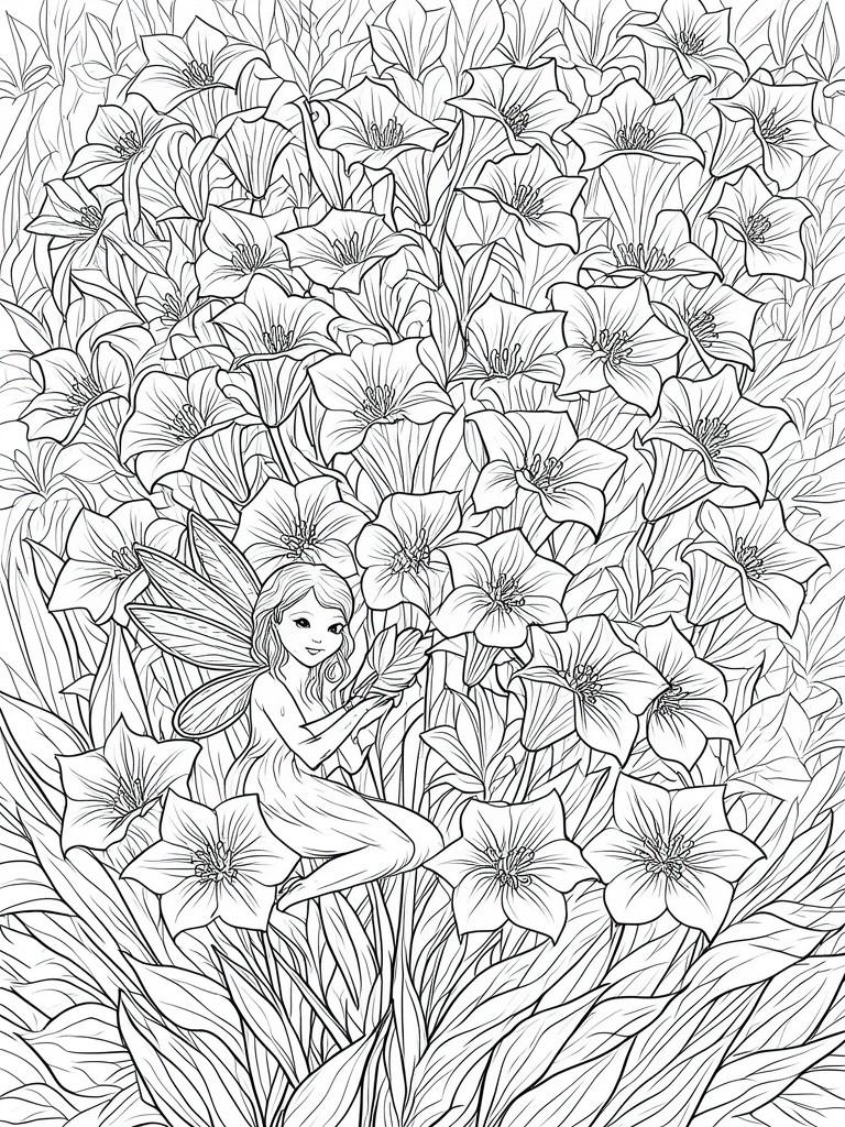 Intricate line art of a fairy with wings sitting among dense clusters of large flowers.