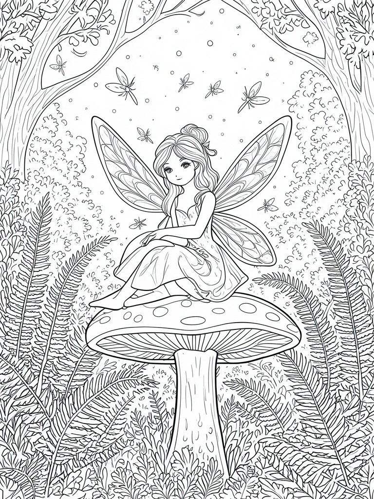 Line drawing of a fairy with butterfly wings perched on a mushroom in a forest.