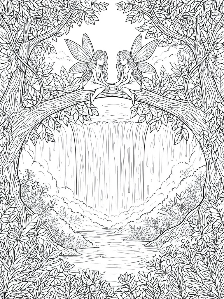 Two fairies sitting on a tree branch above a large waterfall surrounded by forest trees and leaves in a line art coloring page.