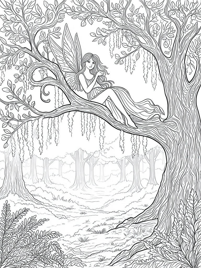 Intricate black-and-white line art of a winged fairy reclining on a forest tree branch