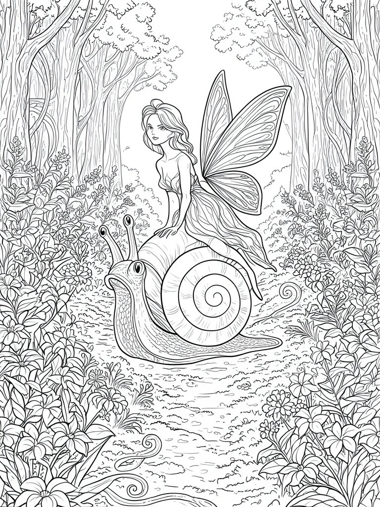 A line drawing shows a fairy with wings sitting on a large snail in a forest filled with flowers and trees.