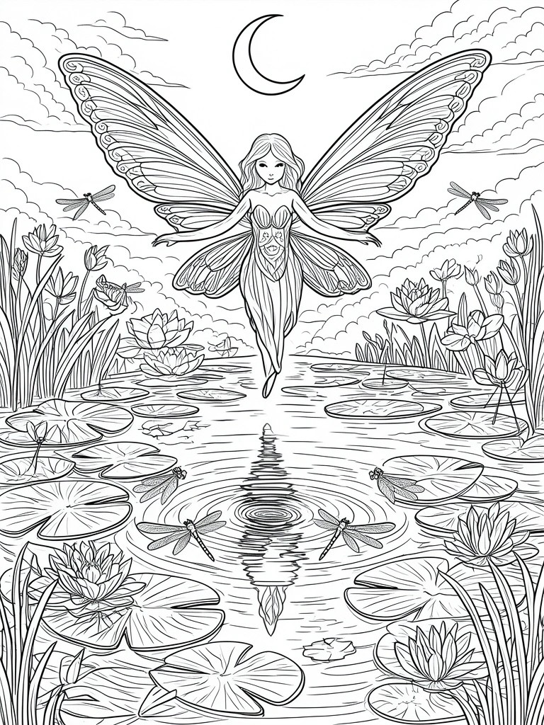 A black and white line drawing of a fairy with large wings flying above a pond filled with lily pads, lotus flowers, and dragonflies under a crescent moon.