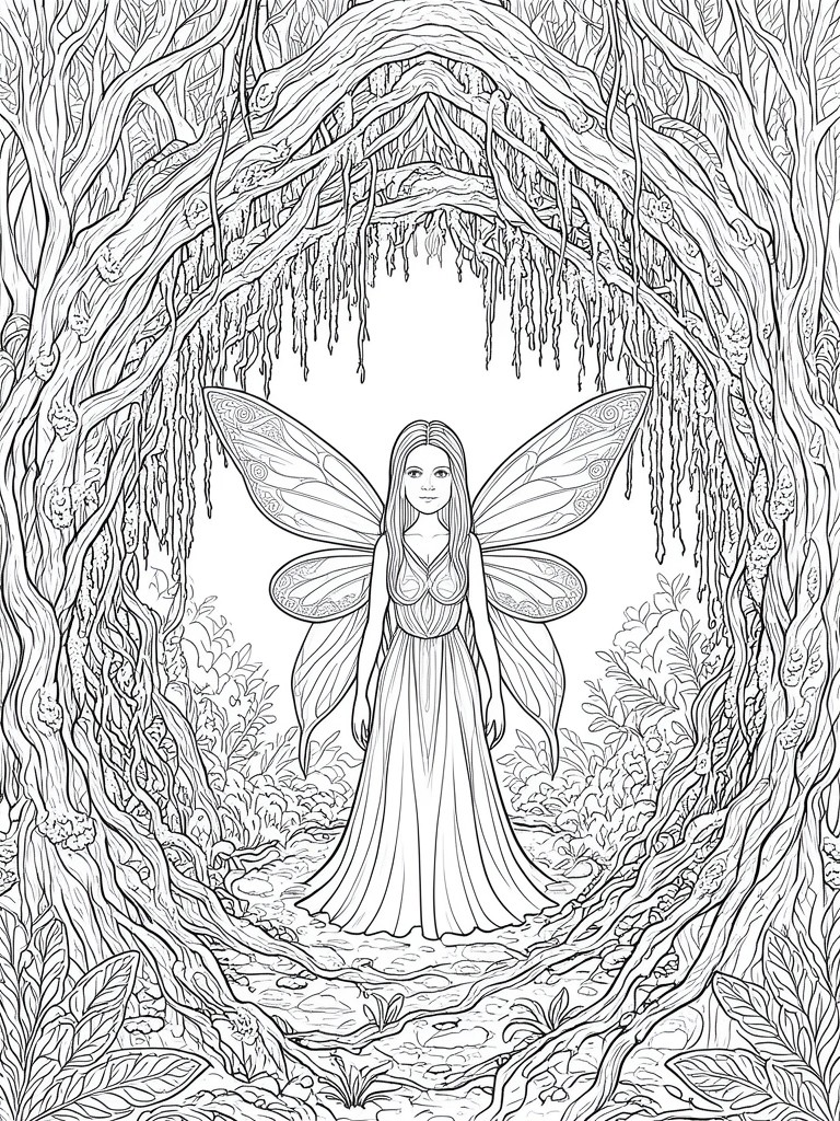 Fairy in flowing gown with ornate wings amid twisted forest trees and vines.