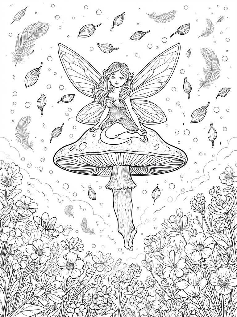 Line drawing of a fairy with large wings sitting on a mushroom surrounded by flowers and floating leaves and feathers.