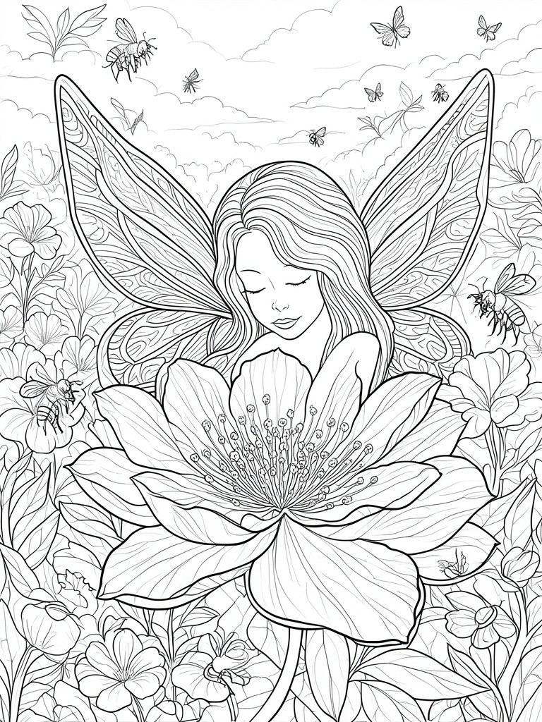 Fairy with detailed wings and closed eyes in flower garden with bees and butterflies