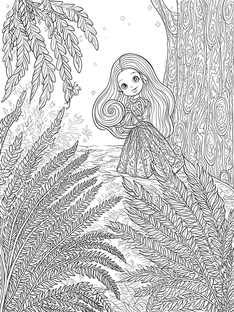 Whimsical line art of a long-haired girl in ornate dress amid forest ferns