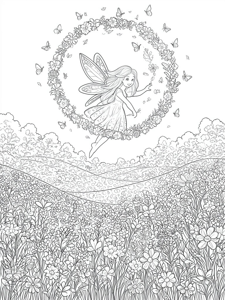 Fairy with long hair and wings in floral wreath above butterfly-filled meadow line art