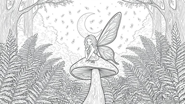 19 Dreamy Fairy Coloring Pages for Adults in Enchanted Forest Settings Line drawing of a fairy with butterfly wings perched on a mushroom in a forest.