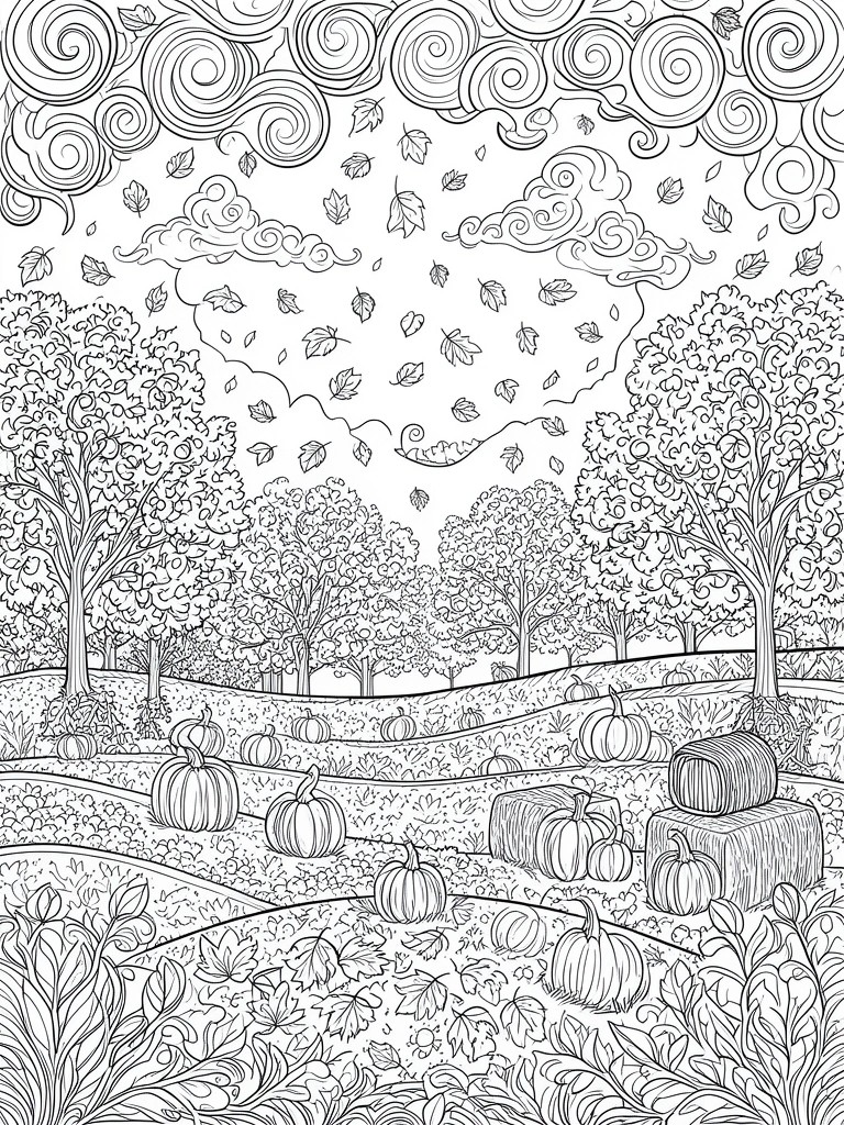 Intricate black-and-white line art of an autumn pumpkin patch with falling leaves and trees.