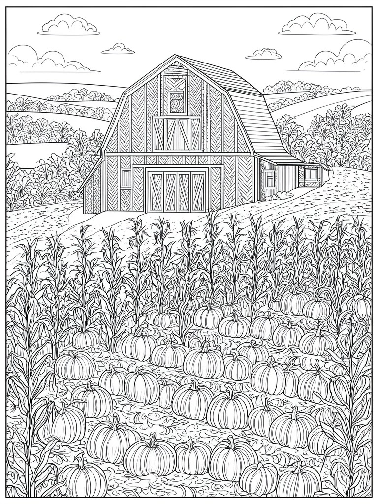 Line art of a barn overlooking pumpkin patch with cornstalks in rolling hills.